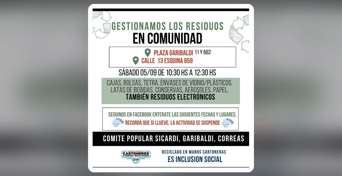 Hoy, jornada de gestión comunitaria de residuos en Sicardi, Garibaldi y Correas